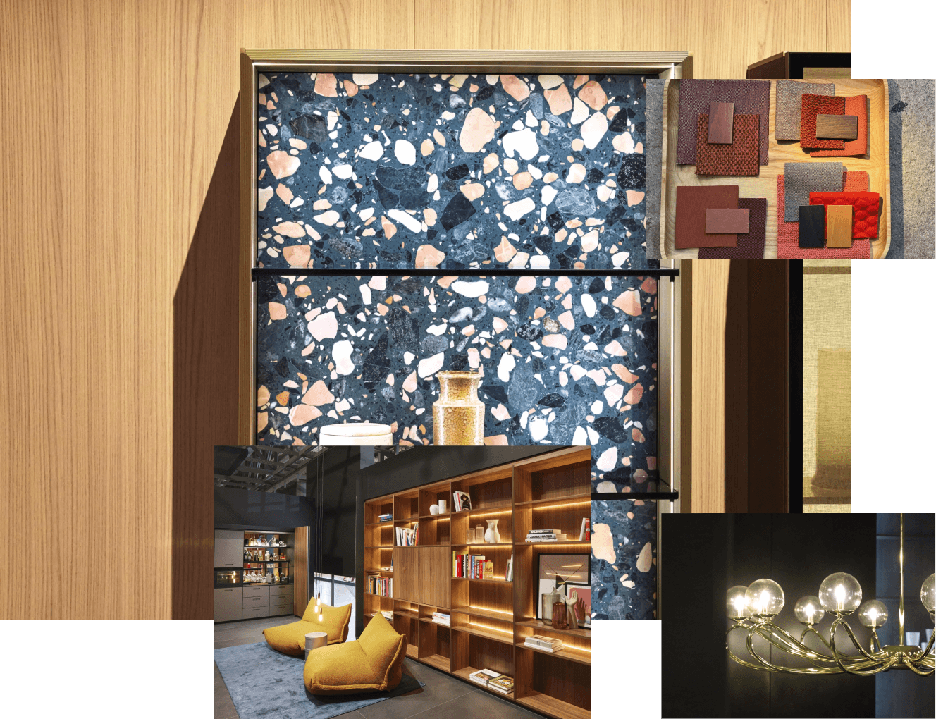 Salone del Mobile’den çeşitli izlenimler: Arkalığı renkli taşlarla bezenmiş bir vitrin, değişik renklerde farklı kumaşlardan malzeme örnekleri, ışıklandırılmış mobilyalar, modern bir yorumla tasarlanmış bir avize.