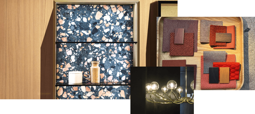 Salone del Mobile’den çeşitli izlenimler: Arkalığı renkli taşlarla bezenmiş bir vitrin, değişik renklerde farklı kumaşlardan malzeme örnekleri, ışıklandırılmış mobilyalar, modern bir yorumla tasarlanmış bir avize.