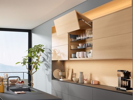 Système pour porte relevable en deux parties AVENTOS HF Blum
