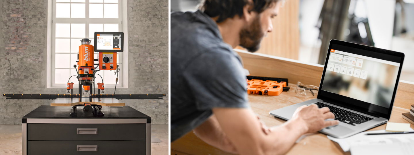 Blum MINIPRESS P machine with EASYSTICK and man working on laptop